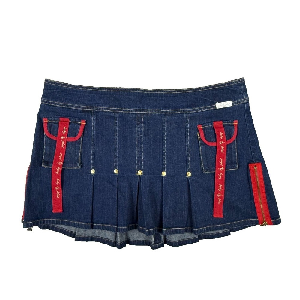 Vtg Baby Phat Skirt Womens 16 Blue Denim Pleated Micro Mini Y2K Logo Zip READ